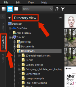 To find your photos, select File System, then Directory View and the Thumbnails will appear on the right.