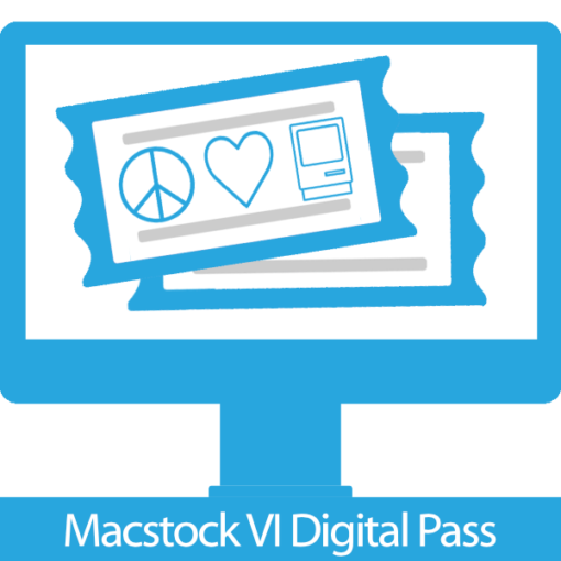 Macstock VI Digital Pass - Stylized iMac in Light Blue with Macstock Tickets Displayed on Screen