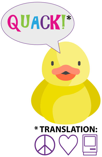  Duck with speech balloon saying Quack. Macstock logo beneath duck.