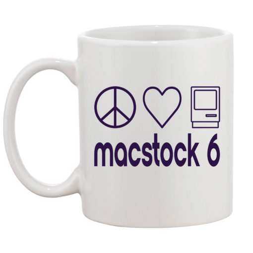 Macstock VI white ceramic mug with Macstock 6 and Peace, Love, Mac logo printed on the side