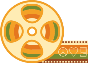 Motion picture film reel with film unrolling to the bottom right. The Macstock logo consisting of a Peace Sign, a Heart, and a stylized early Macintosh are overlaid atop the extended film.