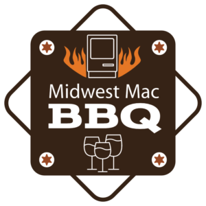 Midwest Mac BBQ logo - Stylized classic Macintosh at the top with flames coming from right and left followed by the words, Midwest Mac BBQ. Three wine glasses appear below the words. All icons are placed on a brown background with simulated screws in each of the 4 corners.