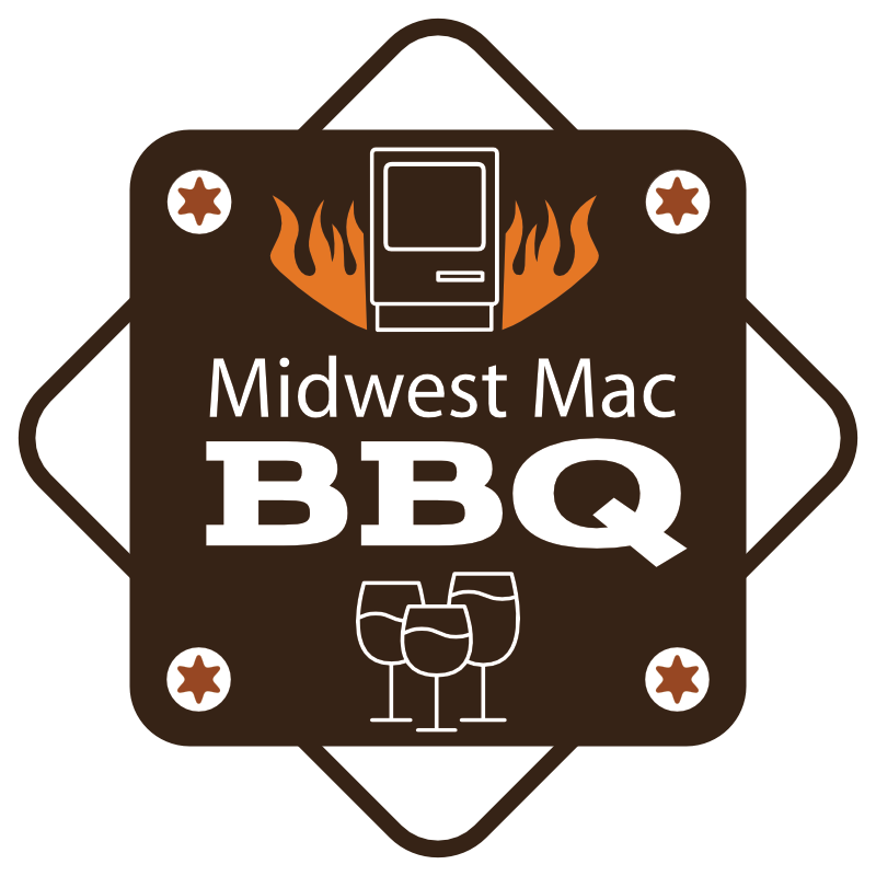 Midwest Mac BBQ logo - Stylized classic Macintosh at the top with flames coming from right and left followed by the words, Midwest Mac BBQ. Three wine glasses appear below the words. All icons are placed on a brown background with simulated screws in each of the 4 corners.