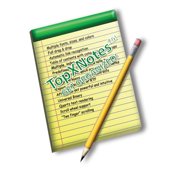 TopXNotes Icon. Yellow legal pad with TopXNotes feature list written on it. A pencil lays across the pad at an angle.