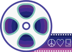 Motion picture film reel with film unrolling to the bottom right. The Macstock logo consisting of a Peace Sign, a Heart, and a stylized early Macintosh are overlaid atop the extended film.