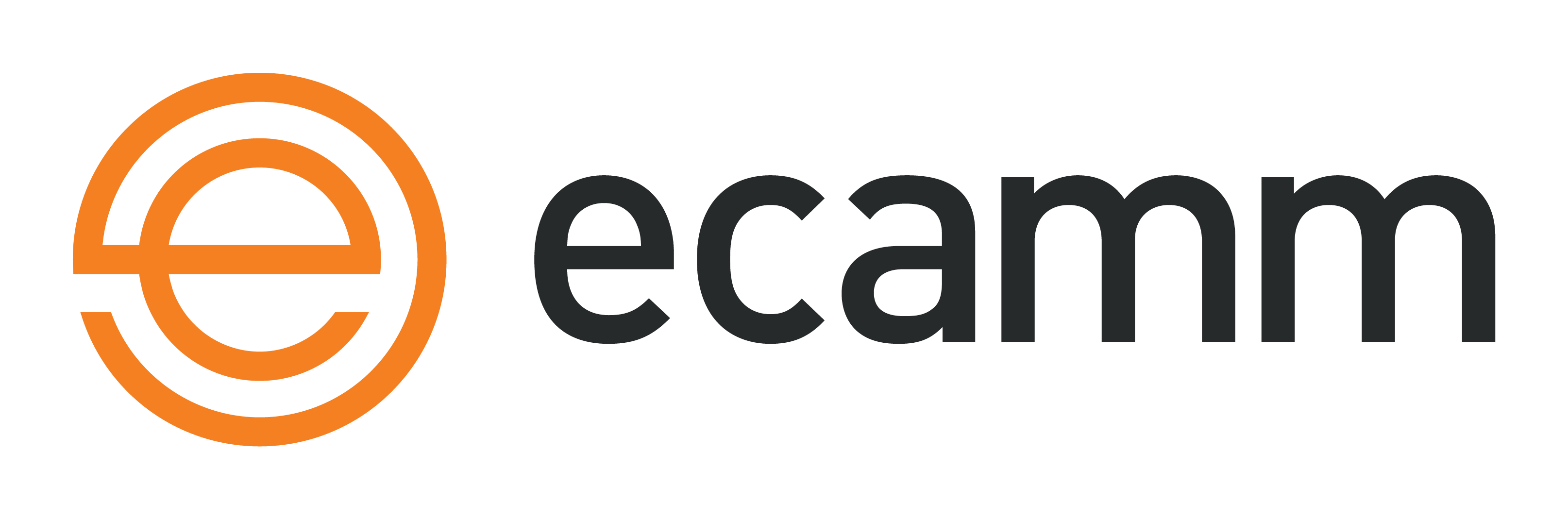 Ecamm Network logo. Orange logomark with lowercase e surrounded by an orange circle border. To the right is the Ecamm name in black lowercase letters