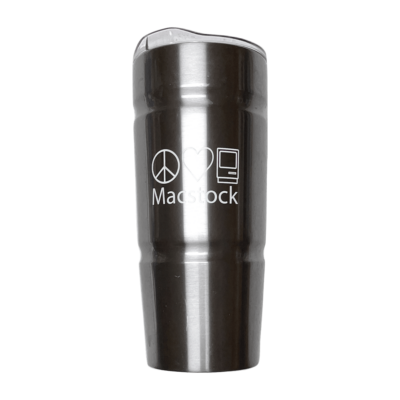 Stainless Steel Travel Mug with Macstock logo on the front.