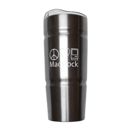 Stainless Steel Travel Mug with Macstock logo on the front.