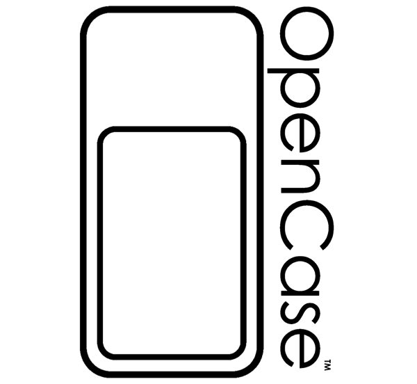 v4-Logo_and_Wordmark-verticle_black-OpenCase_600 OpenCase Logo. Outline of iPhone case with rectangular opening on the back to hold MagSafe accessories. The word OpenCase is aligned vertically next to it.