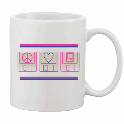 Macstock 9 Mug Front Design - Peace, Love, Mac icons placed on 3.5 inch floppy disks. Pink and Indigo lines span width of design at the top and bottom.