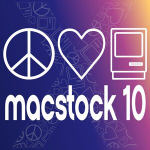 The Macstock logo of peace sign, heart, and classic Macintosh. Words beneath the logo read Macstock 10.