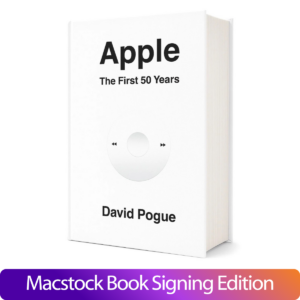 Apple The First 50 Years by David Pogue Book Cover. Purple gradient bar under the book reads "Macstock Book Signing Edition".