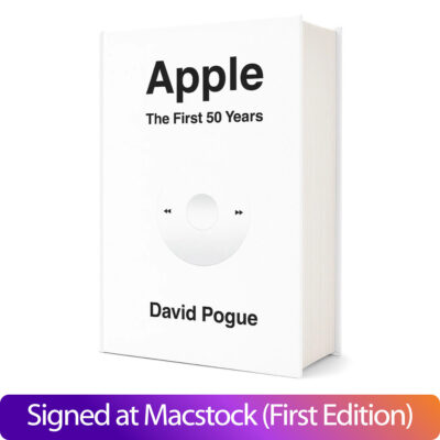 Apple The First 50 Years by David Pogue Book Cover. Purple gradient bar under the book reads "Signed at Macstock, First Edition".